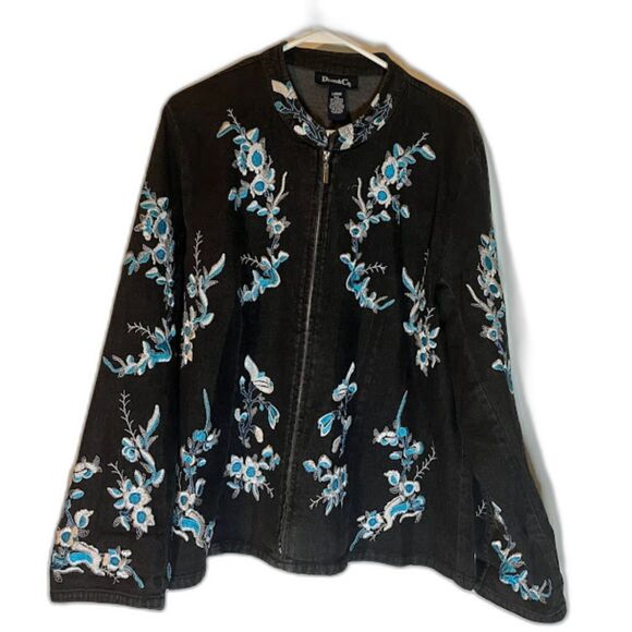 Denim & Co Bohochic Nvy Blue Denim Floral Embroidered Med Weight Zipper Jacket L - Picture 1 of 6